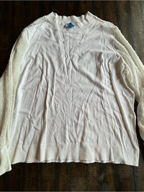 CeCe White Cowl Neck Sweater with Sheer Dot Sleeves